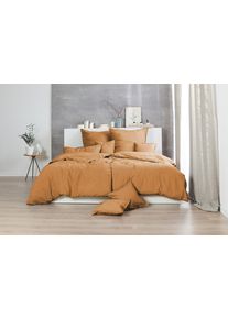 Bettw&auml;sche Primera "Renforce Stonewashed", gelb (curry), B/L: 135cm x 200cm, 1 Stk., 1 Stk., Renforc&eacute;, B/L: 80cm x 80cm, 2 Stk., Renforc&eacute;, Obermaterial: 100% Baumwolle, Bettw&auml;sche, Bettw&auml;sche, jedes Teil ein Unikat, gewaschene Used Optik