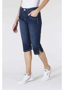 Caprijeans MAC "CAPRI", Damen, Gr. 48, L&auml;nge 19, blau (dunkelblau used), Denim/Jeans, Obermaterial: 98% Baumwolle, 2% Elasthan, Abriebeffekte, figurbetont kniebedeckend, Jeans Caprijeans, Eingelegte Zierfalten am Saum