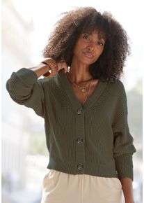 Strickjacke Lascana, Damen, Gr. 32/34, gr&uuml;n (khaki), Strick, Obermaterial: 100% Baumwolle, unifarben, figurumspielend h&uuml;ftlang, V-Ausschnitt, Strickjacken Strickjacke, mit V-Neck