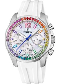 Chronograph Festina "Boyfriend Collection", wei&szlig; (wei&szlig;, silberfarben, regenbogenfarben), Armbanduhren, Damen, Chronograph, Armbanduhr, Quarzuhr, Damen, Stoppfunktion, Zirkonia Regenbogenfarben