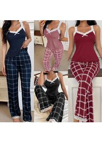 Women's Pajamas Set Sleepwear Knit Lace Trim Wide Leg Trousers Full Length Long Pants Navy Blue Dusty Pink Pants Pajama Home