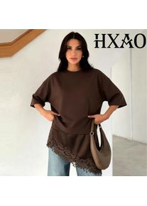 HXAO Brown Lace T-Shirt Top Women Summer Short -Sleeved Long Women's T-Shirt Asymmetrical Baggy Black Off White Woman T Shirts