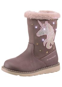 Winterstiefel Tom Tailor "Blinkschuh", M&auml;dchen, Gr. 35, rosa (altrosa), Lederimitat, Textil, Glitzer, Schuhe Winterstiefel, Langschafttstiefel, Kinderstiefel mit blinkendem Einhornmotiv