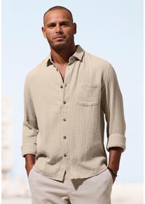 Beach Time Langarmhemd BEACHTIME "Regular fit", Herren, Gr. XXXL (47/48), N-Gr, beige, Web, Obermaterial: 100% Baumwolle, unifarben, regular fit normal, Rundhals, 2-Knopf-Manschette, Hemden Langarmhemd, Langarm, Freizeithemd aus Musselin-Ware