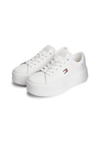 Plateausneaker Tommy Jeans "TJW SCRIPT CUPSOLE FLATFORM", Damen, Gr. 36, ecru, Glattleder, Schuhe Plateausneaker, Freizeitschuh, Halbschuh, Schn&uuml;rschuh mit seitlicher Logoflagge