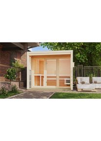 Saunahaus Karibu "&raquo;Armin 3&laquo; naturbelassen", beige (naturbelassen), Bio-Kombiofen, externe Steuerung, (ohne Ofen), Saunen, Saunahaus, in verschiedenen Ausf&uuml;hrungen erh&auml;ltlich, Ofen 9 KW externe Strg easy