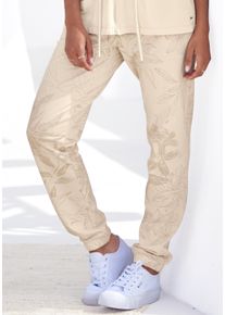 Loungehose Lascana, Damen, Gr. 32/34, N-Gr, beige (beige, allover, gemustert), angeraute Sweatware, Obermaterial: 50% Baumwolle, 50% Polyester, gebl&uuml;mt, bequem kn&ouml;chellang, Hosen Loungehose, mit floralem Alloverdruck, Loungewear