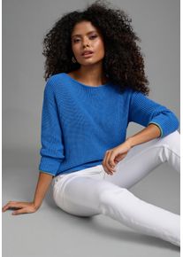 Strickpullover Laura Scott, Damen, Gr. 40/42, blau, gr&uuml;n, Strick, Obermaterial: 50% Baumwolle, 50% Polyacryl, unifarben, Basic, figurumspielend taillenbedeckt, U-Boot-Ausschnitt, Rippb&uuml;ndchen, Pullover Strickpullover, &Uuml;bergangsstrick mit Streifendetails und 3/4 &Auml;rmeln