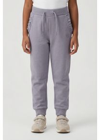 Sweathose name it "NMFVIMA SWE PANT BRU NOOS", M&auml;dchen, Gr. 98, N-Gr, lavender gray, Sweatware, Obermaterial: 60% Baumwolle, 40% Polyester, unifarben, Basic normal, Hosen Sweathose, mit s&uuml;&szlig;em R&uuml;schendetail