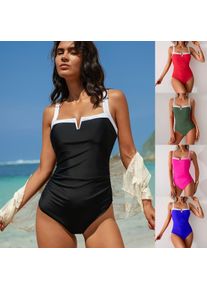 Black Swimsuit V Neck Red Bikini Ruched Waist Green Monokini High Cut Legs Blue Swimsuit Sleeveless Solid Color Contrast Trim