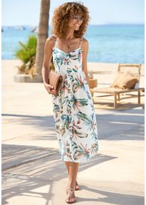 Midikleid Lascana "mit floralem Druck aus Webware mit Leinenanteil", Damen, Gr. 46, N-Gr, beige, blau bedruckt, Web, Obermaterial: 58% Viskose, 28% Baumwolle, 14% Leinen, bedruckt, figurumspielend ca. Mitte Wade, V-Ausschnitt, Kleider Midikleid, Spaghettikleid, elegantes Sommerkleid, Webkleid mit Alloverdruck