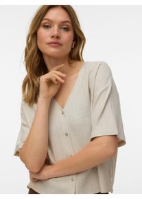 V&eacute;ro Moda Kurzarmbluse VERO MODA "VMROSIE 2/4 V-NECK SHIRT NOOS", Damen, Gr. XS, moonbeam, Web, Obermaterial: 85% Viskose, 15% Leinen, unifarben, normal, V-Ausschnitt, Blusen Kurzarmbluse, Viskosemischung. mit Leinen, Kurzarm