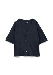 V&eacute;ro Moda Kurzarmbluse VERO MODA "VMROSIE 2/4 V-NECK SHIRT NOOS", Damen, Gr. L, sky captain, Web, Obermaterial: 85% Viskose, 15% Leinen, unifarben, normal, V-Ausschnitt, Blusen Kurzarmbluse, Viskosemischung. mit Leinen, Kurzarm