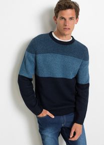 Strickpullover bonprix, Herren, Gr. 64 (3XL), blau (dunkelblau gestreift), Strick, Obermaterial: 100% Polyacryl, regular fit normal, Rundhals, Rippb&uuml;ndchen, Pullover Strickpullover, aus Polyacryl, Regular Fit, mit Colorblocking-Optik