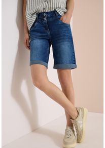 Jeansshorts Cecil "Style Scarlett", Damen, Gr. 30, N-Gr, mid blau used wash, Web, Obermaterial: 78% Baumwolle, 20% Polyester, 2% Elasthan. Futter: 52% Polyester, 48% Baumwolle, gerade ca. Mitte Oberschenkel, Jeans Jeansshorts, Turn-Up-Detail, Casual Fit, 5-Pocket-Style