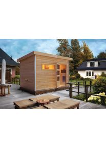 Saunahaus Karibu "&raquo;Simon 2&laquo; mit moderner T&uuml;r, naturbelassen", beige (naturbelassen), Saunaofen, externe Steuerung, (ohne Ofen), Saunen, Saunahaus, Mit 9 kW Ofen Bio und externe Steuerung easy