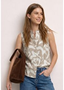 Blusentop Street One, Damen, Gr. 42, beige (timeless beige), Web, Obermaterial: 60% Leinen, 40% Baumwolle, gemustert, normal h&uuml;ftbedeckend, Rundhals, abgesteppte Kante, Blusen Blusentop, Sommertop mit grafischem Muster und R&uuml;schen