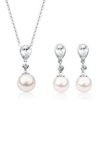 Ohrring und Ketten Set NENALINA "Schmuckset Synthetische Perle Zirkonia 925 Silber" Gr. 45, silber, Schmuck_Sets, Damen, Blacklist, Silber 925 (Sterlingsilber), Ohrring und Ketten Set