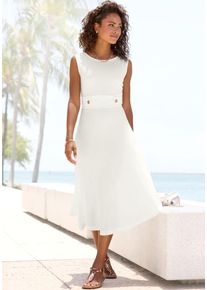 Midikleid Lascana "mit dekorativen Riegeln und goldenen Zierkn&ouml;pfen, b&uuml;gelfreie Qualit&auml;t", Damen, Gr. 46, N-Gr, wei&szlig;, Jersey, Obermaterial: 95% Polyester, 5% Elasthan, unifarben, figurumspielend kniebedeckend, Rundhals, Kleider Midikleid, Elegantes Sommerkleid, Tr&auml;gerkleid, Partykleid, festlich, Topseller