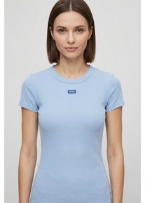 T-Shirt Hugo "Easy Tee", Damen, Gr. S (36), blau (open blau 477), Rippstrick, Obermaterial: 96% Baumwolle, 4% Elasthan, unifarben, slim fit normal, Rundhals, eng eingefasste Kante, Shirts T-Shirt, mit Hugo Aufn&auml;her