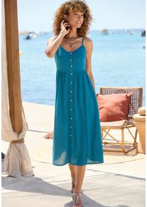 Sommerkleid Lascana "aus Leinenmix mit Baumwolle", Damen, Gr. 38, N-Gr, petrol, Web, Obermaterial: 58% Viskose, 28% Baumwolle, 14% Leinen, unifarben, figurumspielend Midi, V-Ausschnitt, Kleider Sommerkleid, elegantes Midikleid, Strandkleid, Spaghettikleid, Leinenkleid