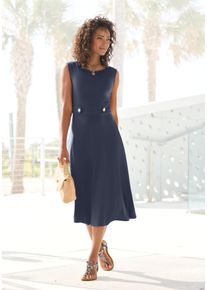 Midikleid Lascana "mit dekorativen Riegeln und goldenen Zierkn&ouml;pfen, b&uuml;gelfreie Qualit&auml;t", Damen, Gr. 44, N-Gr, blau, Jersey, Obermaterial: 95% Polyester, 5% Elasthan, unifarben, figurumspielend kniebedeckend, Rundhals, Kleider Midikleid, Elegantes Sommerkleid, Tr&auml;gerkleid, Partykleid, festlich, Topseller