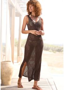 Strickkleid Lascana "mit Ajourmuster und Seitenschlitz", Damen, Gr. 46, N-Gr, braun, Strick, Obermaterial: 100% Polyacryl, unifarben, figurbetont kniebedeckend, tiefer V-Ausschnitt, Kleider Strickkleid, transparentes Strandkleid, Maxikleid, Beach Cover-up, Festival