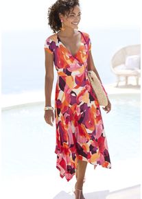 Midikleid Vivance "mit Alloverdruck und asymmetrischem Saum", Damen, Gr. 52, N-Gr, rot, lila, pink bedruckt, Jersey, Obermaterial: 95% Viskose, 5% Elasthan, bedruckt, figurumspielend kniebedeckend, V-Ausschnitt, Kleider Midikleid, luftiges Sommerkleid in Wickeloptik, Strandkleid, Zipfelkleid