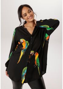 Longbluse ANISTON PLUS, Damen, Gr. 50, bunt (schwarz, bunt), Web, Obermaterial: 100% Viskose, bedruckt, figurumspielend Po-bedeckend, V-Ausschnitt, Blusen Longbluse, Mit ausgefallenen Papgeien Druck, Topseller