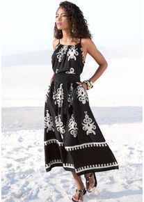 Midikleid Lascana "aus gewebter Viskose mit Ethnodruck", Damen, Gr. 34, N-Gr, schwarz (schwarz, sand bedruckt), Web, Obermaterial: 100% Viskose, bedruckt, figurumspielend ca. Mitte Wade, Rundhals, Kleider Midikleid, lockeres Sommerkleid, Strandkleid, Druckkleid, Spaghettikleid