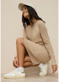 Strickkleid Tamaris "mit figurumspielendem Schnitt", Damen, Gr. 34, N-Gr, Langarm, Strick, beige (sand melange), Strick, Obermaterial: 50% Viskose, 28% Polyester, 22% Polyamid, figurumspielend mini, Rundhals, Raglan&auml;rmel Strickb&uuml;ndchen, Kleider Strickkleid, Mini-L&auml;nge mit Ajourstrickmuster aus Viskosemischung, Topseller