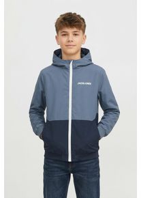 Jack & Jones Outdoorjacke JACK & JONES JUNIOR "JJERUSH wasserabweisend, mit Kapuze, mattes Finish", Jungen, Gr. 140, blau mirage detail:navy blazer, wei&szlig; blocking, Web, Obermaterial: 100% Polyester, normal normal, B&uuml;ndchen, Jacken Outdoorjacke, Polyester, regular fit