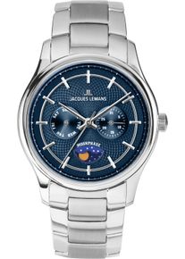 Quarzuhr Jacques Lemans "Derby", silberfarben, dunkelblau, Armbanduhren, Herren, Quarzuhr, Armbanduhr, Herrenuhr, Edelstahlarmband, analog, Wochentag, Mondphase
