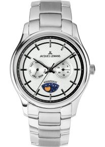 Quarzuhr Jacques Lemans "Derby", silberfarben, silberfarben, Armbanduhren, Herren, Quarzuhr, Armbanduhr, Herrenuhr, Edelstahlarmband, analog, Wochentag, Mondphase