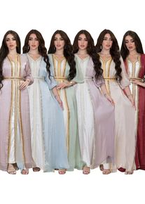 Lavender Sequin Dress V Neck Puffed Sleeves Satin Dresses Belted Waist Floor Length Gown Gold Trim Embroidered Trim Evening
