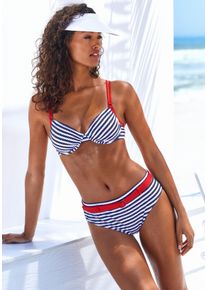 B&uuml;gel-Bikini-Top s.Oliver "Elain", Damen, Gr. 42, Cup D, blau (marine, wei&szlig;), Recycling-Polyamid, geringelt, Bikini-Oberteile B&uuml;gel-Bikini-Top, mit kontrastfarbigen Zierringen