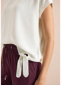 Kurzarmbluse Cecil, Damen, Gr. XS (36), vanillewei&szlig;, Web, Obermaterial: 100% Viskose, unifarben, l&auml;ssig geschnitten h&uuml;ftbedeckend, Rundhals, abgestepptes B&uuml;ndchen, Blusen Kurzarmbluse, Sommershirt mit Knotendetail