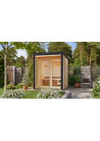 Saunahaus Karibu "Anja 1", braun (naturbelassen, anthrazit), Bio-Ofen, externe Steuerung, 9 kW, Saunen, Saunahaus