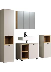 Badm&ouml;bel-Set Welltime "San Pedro", beige (kaschmir, evoke eiche), B:180cm H:186cm T:42cm, Glas, Holzwerkstoff, Kastenm&ouml;bel-Sets, Badm&ouml;bel-Set, Set mit Hochschrank, Waschbeckenunterschrank, Spiegel & Standschrank