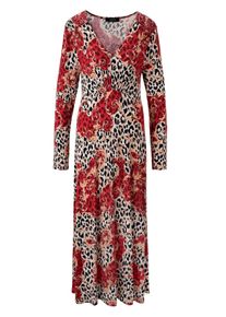 Midikleid Aniston SELECTED, Damen, Gr. 48, N-Gr, bunt (rot, dunkelrot, schwarz, sanftes wei&szlig;), Jersey, Obermaterial: 95% Viskose, 5% Elasthan, bedruckt, gemustert, figurumspielend wadenlang, V-Ausschnitt, Kleider Midikleid, mit Smok-Details und fantasievollem Leo-Print - NEUE KOLLEKTION