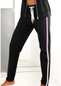 H.I.S. Homewearhose H.I.S, Damen, Gr. 44/46, N-Gr, schwarz, Sweatware, Obermaterial: 77% Baumwolle, 20% Polyester, 3% Elasthan, unifarben mit Farbeins&auml;tzen, Basic, bequem lang, Hosen Homewearhose, -Loungehose mit seitlichen Streifen und Eingrifftaschen, Loungewear, Topseller