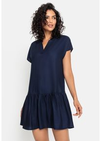 Blusenkleid s.Oliver "mit Volant am Rock", Damen, Gr. 50, N-Gr, Kurzarm, Web, blau (marine), Web, Obermaterial: 100% Viskose, unifarben, figurumspielend ca. Mitte Oberschenkel, V-Ausschnitt, Kleider Blusenkleid, luftiges Tunikakleid, Sommerkleid,leichtes Strandkleid,Cover-up, Basic
