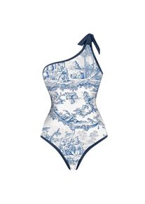 Woman Bikini Tankini Blue And White Toile Print Bikinis One Shoulder Ruffle Skirt Swimsuit Halter Neck High Waist Swimwear