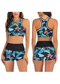 Y2K Bikini Woman Tankini With Shorts Crop Top High Waist Tropical Print Swimwear Blue Green Pink Halter Neck Two Piece Swimsuit
