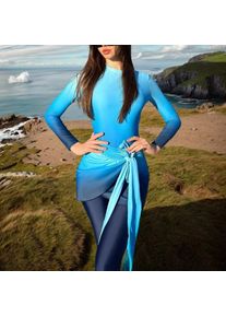Blue Long Sleeve Swimsuit High Neck Wrap Skirt Swimwear Tie Front Bathing Suit Green Leggings Solid Color Slim Fit Swimming