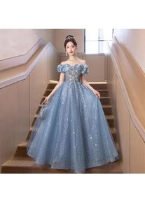 2026 Women's New Summer One Shoulder Embroidered Blue Evening Dress Fashion Slimming Banquet President's Evening Dress