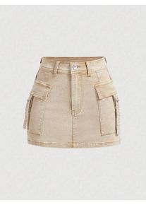Women's Beige Cargo Pocket Denim Mini Skirt with High Waist and Flap Pockets