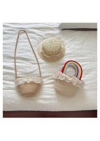 Kids Summer Straw Hat and Bag Set Cute Handle Woven Bag with Lace Trim Sun Hat for Toddler Girls Beach Weaving Hat Handbags BT14