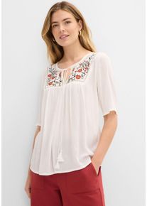 Tunika bonprix, Damen, Gr. 38, wei&szlig; (wollwei&szlig;), Obermaterial: 100% Viskose, A-Linie, Tuniken Tunika, Casual Stil, A-Linie Passform, Kurzarm-Design, mit Stickerei