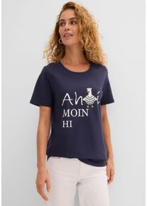 T-Shirt bonprix, Damen, Gr. 40/42 (M), blau (dunkelblau bedruckt), Obermaterial: 95% Baumwolle, 5% Elasthan, bequem, Shirts T-Shirt, bequeme Passform, Kurzarm, mit Rundhalsausschnitt